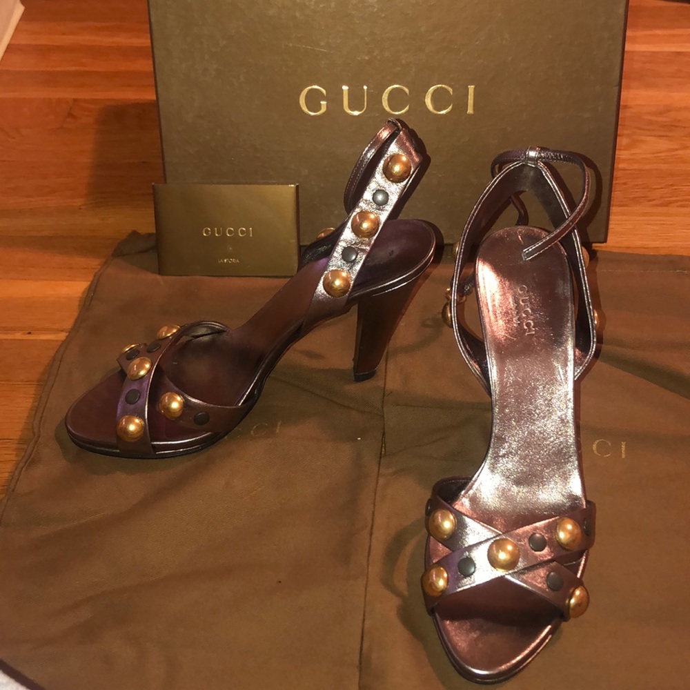 AUTHENTIC Gucci metallic studded strappy heel